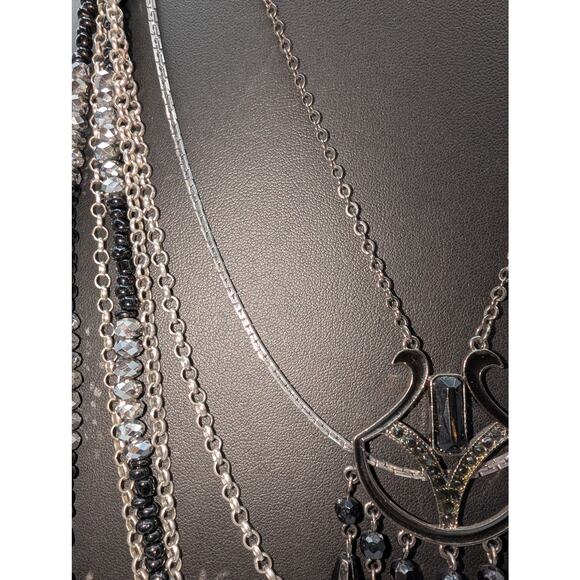 Lot of 3 Black & Metallic Beaded Silver Tone & Black Metal Layered Necklaces - Picture 7 of 9